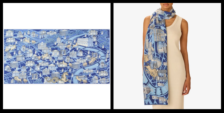 étole , paréo inoui éditions représente une carte de la ville de Rome, en bleu.