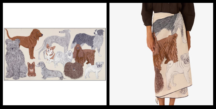 étole , paréo inoui éditions représente des chiens, en blanc.