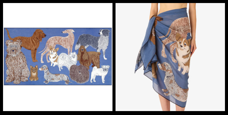 étole , paréo inoui éditions représente des chiens, en bleu.