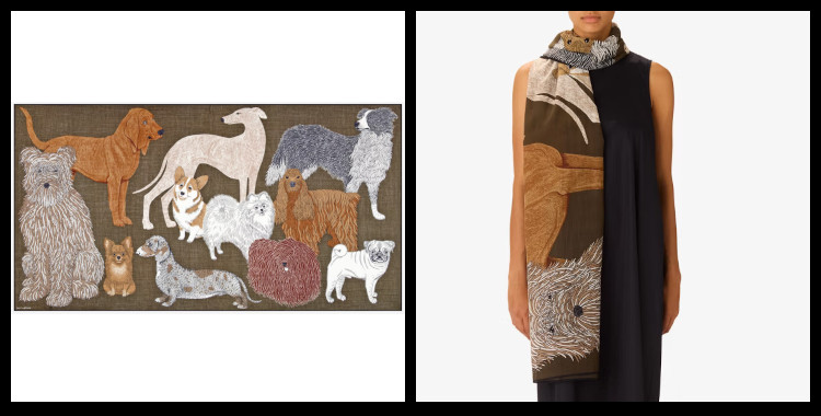 étole , paréo inoui éditions représente des chiens, en gris.