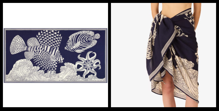 étole , paréo inoui éditions représente la vague et les animaux marins, en bleu marine.