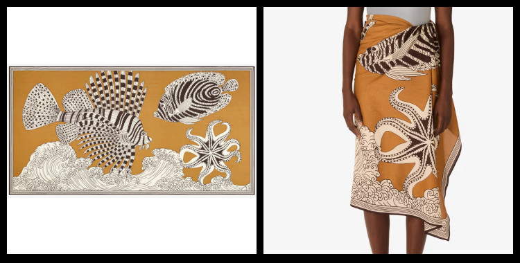 étole , paréo inoui éditions représente la vague et les animaux marins, en jaune mordoré.