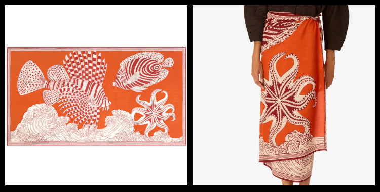 étole , paréo inoui éditions représente la vague et les animaux marins, en orange.