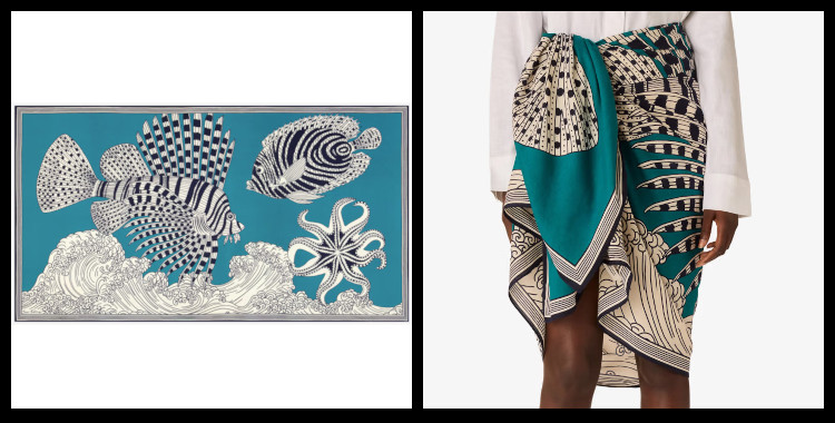 étole , paréo inoui éditions représente la vague et les animaux marins, en bleu turquoise.