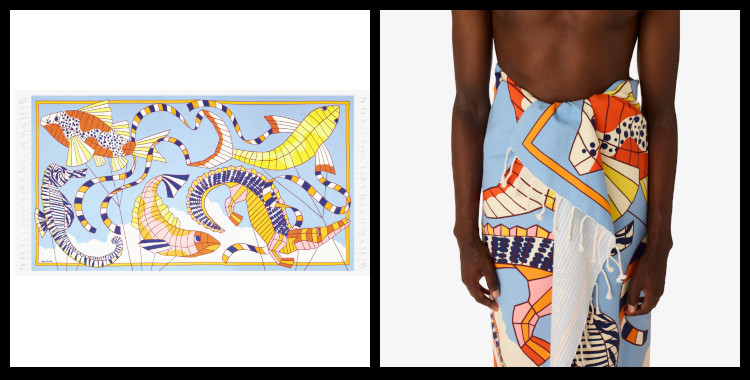 Fouta, inoui éditions représente des cerfs volants de poissons, de crocodile, d'hippocampe, en orange et bleu.