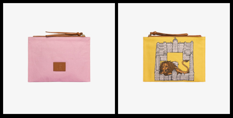 pochette brodée, en coton, de la maison Inoui Editions, le lion, en jaune.