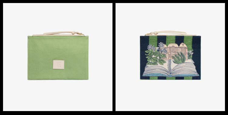 pochette brodée, en coton, de la maison Inoui Editions, le livre, en vert et bleu.