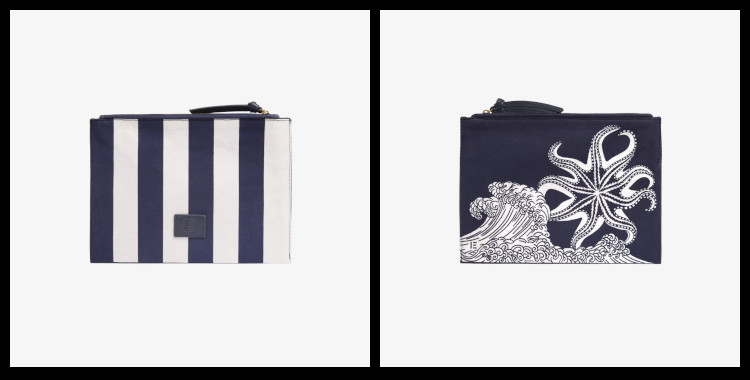 Cette pochette, en coton, Inoui Editions représente des vagues et une étoile de mer, en bleu.