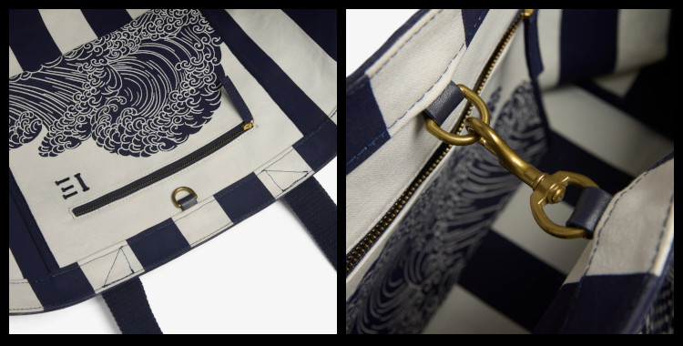 Sac cabas, inoui éditions représentent des poissons et des vagues, bleu. Vues des finitions intérieures.