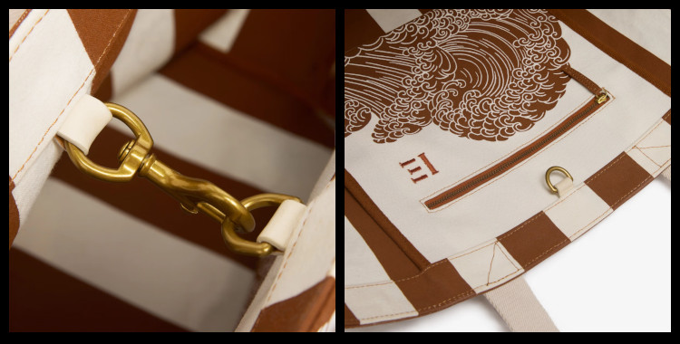 Sac cabas, inoui éditions représentent des poissons et des vagues, marron. Vues des finitions intérieures.