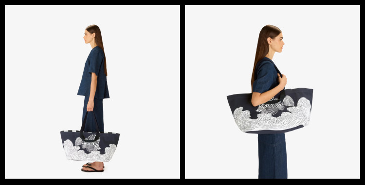 Sac cabas, inoui éditions représentent des poissons et des vagues, bleu.