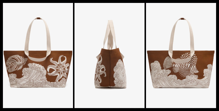 Sac cabas, inoui éditions représentent des poissons et des vagues, marron. Vues des doubles anses.