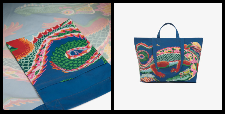 Ces sacs Maxi shopper bag, inoui éditions représentent un crocodile, en bleu.