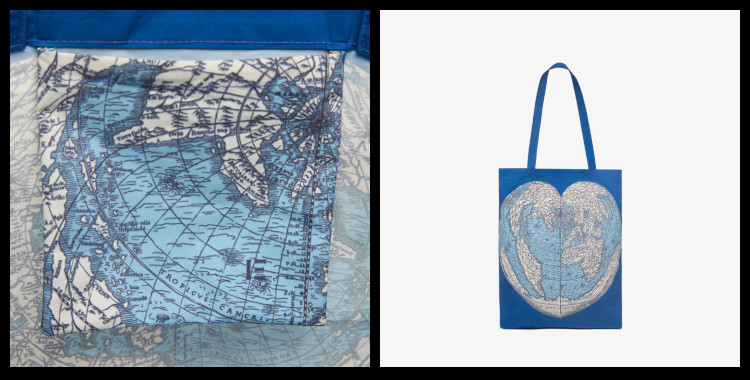 Ce sac shopper bag, inoui éditions représente un planisphère, une carte du globe terrestre, bleu.