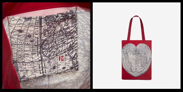 Ces sacs shopper bag, inoui éditions représentent un planisphère, une carte du globe terrestre, rouge.