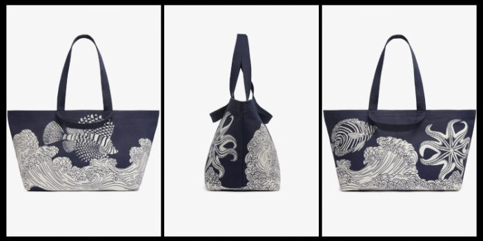 Sac cabas, inoui éditions représentent des poissons et des vagues, bleu.