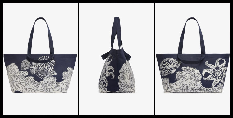 Sac cabas, inoui éditions représentent des poissons et des vagues, bleu.