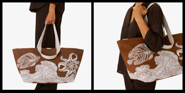 Sac cabas, inoui éditions représentent des poissons et des vagues, marron. Vues des doubles anses.