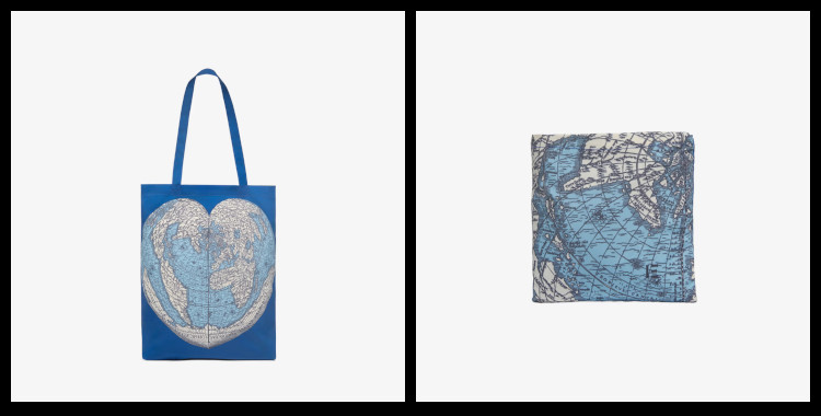 Ces sacs shopper bag, inoui éditions représentent un planisphère, une carte du globe terrestre, bleu.