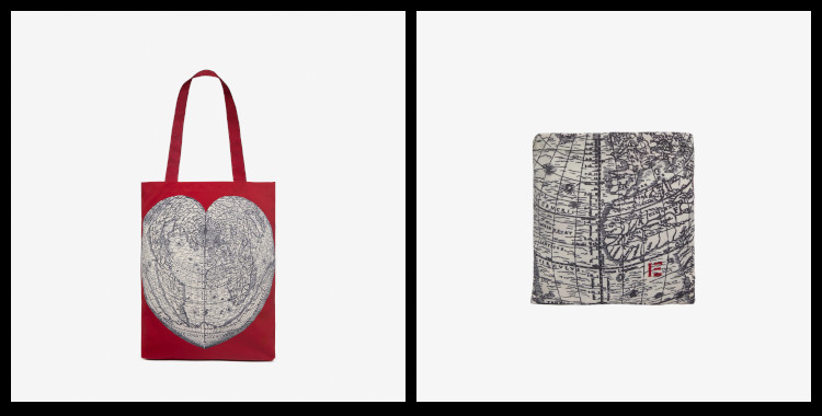 Ce sac shopper bag, inoui éditions représente un planisphère, une carte du globe terrestre, rouge.