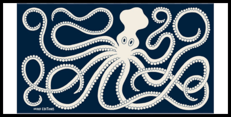 Serviette éponge, inoui éditions représente une pieuvre, bleu marine et blanc