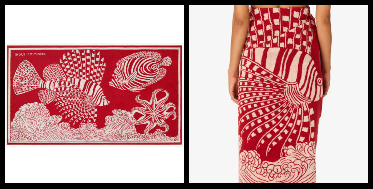 Serviette éponge, inoui éditions représente des poissons et des vagues, rouge.