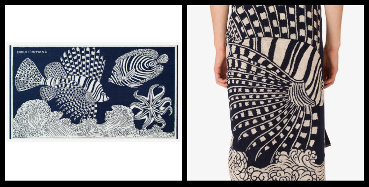 Serviettes éponge, inoui éditions représentent des poissons et des vagues, bleu marine et blanc