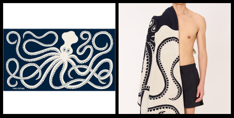 Serviettes éponge, inoui éditions représentent une pieuvre, bleu marine et blanc