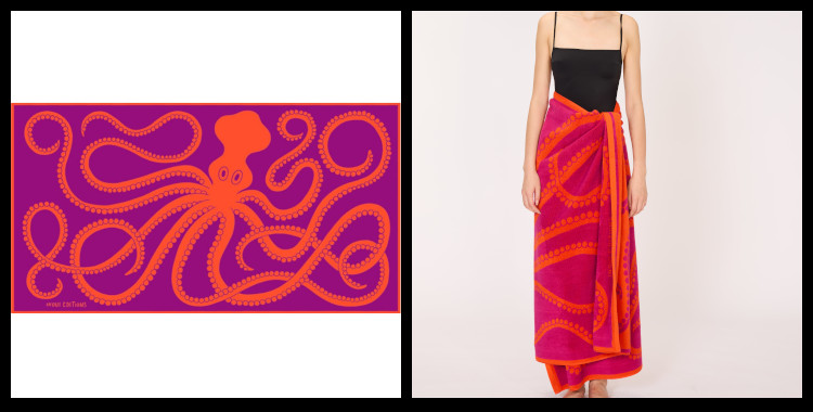 Serviettes éponge, inoui éditions représentent une pieuvre, rose fuchsia.