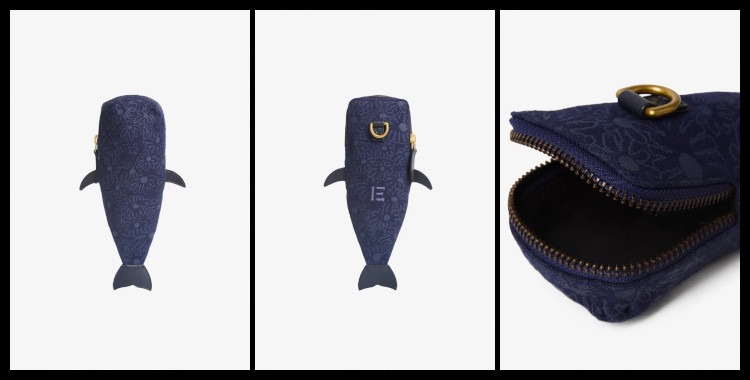 Cette trousse en coton Inoui Editions représente un baleine avec un motif floral bleu foncé ton sur ton.